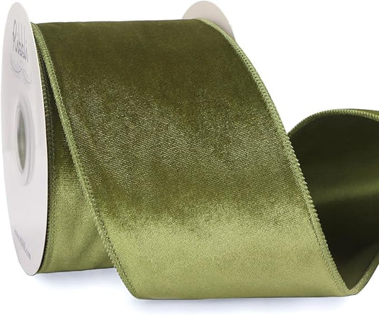 Ribbli Olive Green Velvet Wired Ribbon 4 Inch Velvet with Satin Christmas Ribbon for Gift Wrapping Christmas Tree Decoration Crafts Wreaths Supplies-Continuous 10 Yards