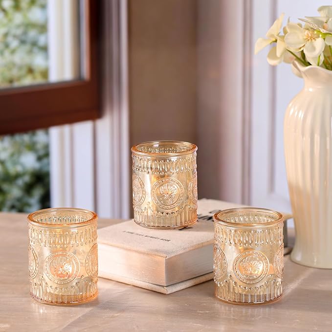 12 Pcs Gold Votive Candle Holders, Glass Candle Holders Embossed Tea Light Candle Holder for Wedding Table Centerpiece, Home Decor, Birdal Shower, Party