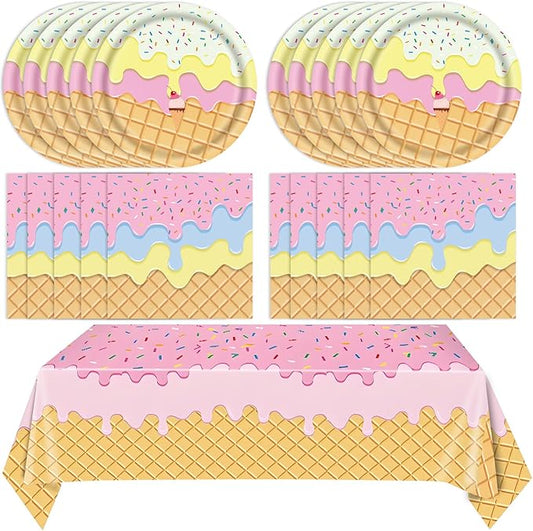 41Pcs Ice Cream Party Decorations,Ice Cream Disposable Tableware Kit with Paper Plates Napkins Tablecloth丨Gender Reveal Party,Toddler Party,Baby Bridal Shower Boys Girls Birthday Decorations,Serves 20