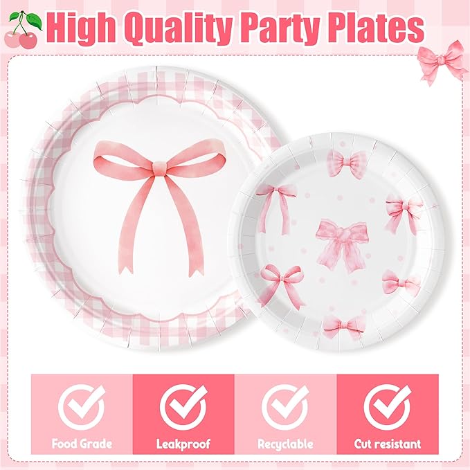 Coquette Pink Bow Party Decorations - Serves 24 - 112Pcs Bowknot Party Supplies, Disposable Plates Napkins Forks Tablecloth Banner Card, for Bachelorette Bridal Engagement Wedding Birthday