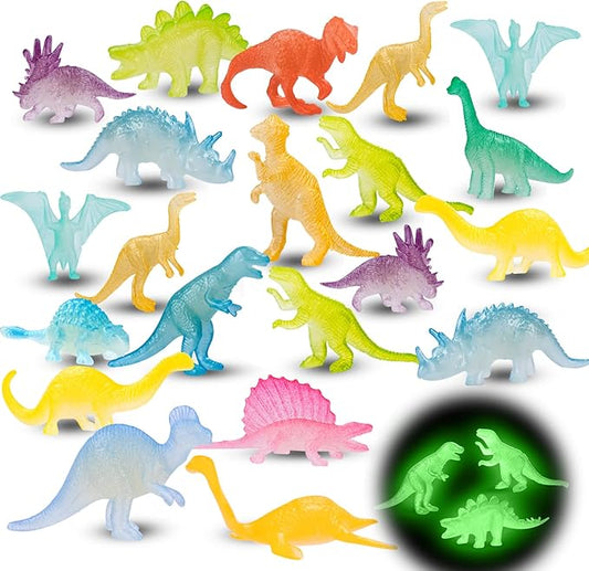 48Pcs Glow in Dark Mini Dinosaur Figures Birthday Party Favors Supplies Dino Cupcake Toppers Pinata Goodie Bags Stuffers Classroom Prizes Carnival Treasure Box Trinkets Bulk Toy Kids Goody Treat Gifts