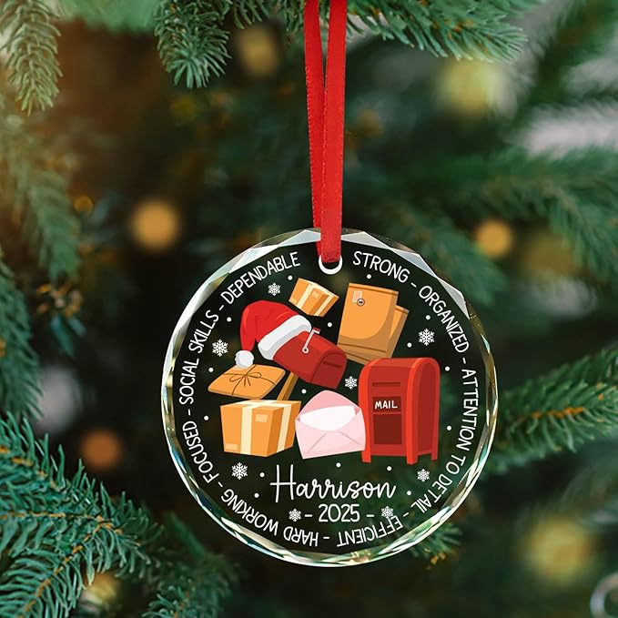 Postal Worker Christmas Ornaments, Personalized Mailman Glass Ornament Christmas 2025, Gifts for Mail Carrier Postman Postal Worker, Custom Name & Year for Xmas Tree Decor, Letter Carrier Ornament