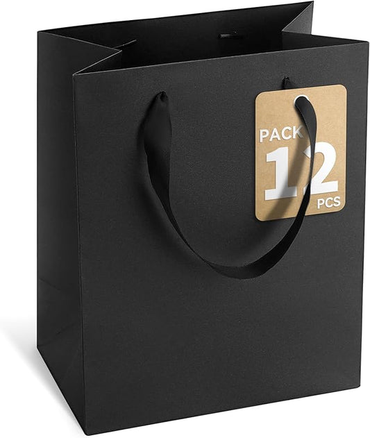 Black Gift Bags With Handles, 8x5x10 Inch Sturdy Kraft Paper Gift Bags, Bulk for Wedding, Party, Birthday, Business and Shopping, Medium Size (1 Count (Pack of 12))