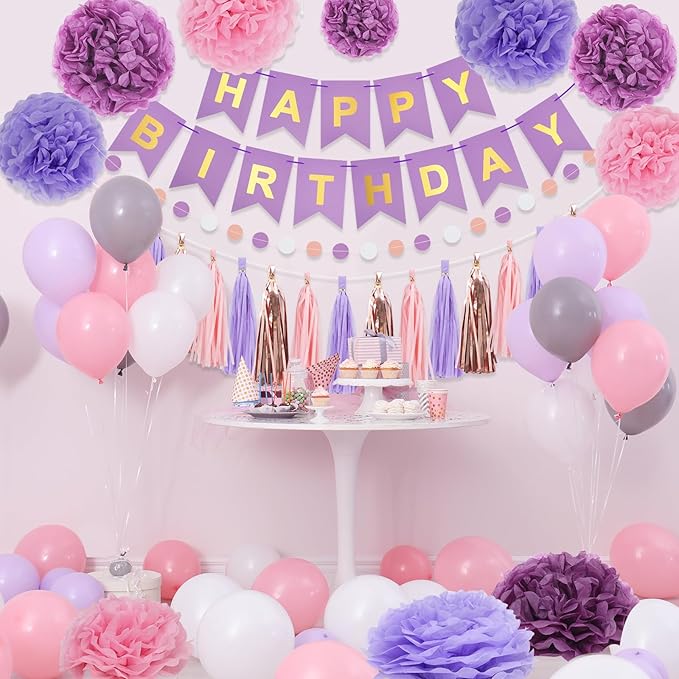 RUBFAC Purple Pink Birthday Party Decorations Set With Happy Birthday Banner, Tissue Paper Pompoms, Tassel Garland, and Circle Dots Garland for Women Girls