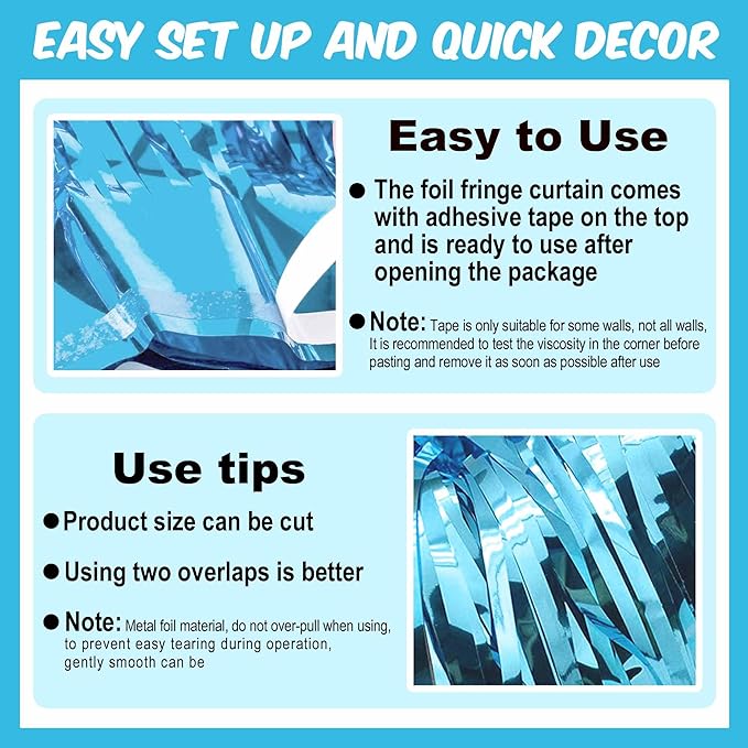 3 Pack Light Blue Foil Fringe Curtains Backdrop, 3.28 x 6.6 Ft Metallic Streamers Tinsel Curtains Background for Photo Booth, Birthday, Halloween, Christmas, Thanksgiving, New Year Party Decorations