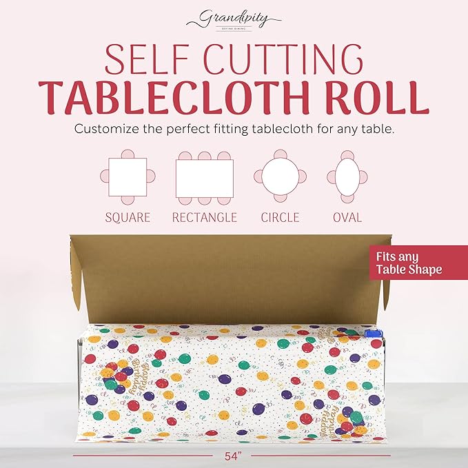 Grandipity Plastic Tablecloth Roll - 54in x 300 Ft. Happy Birthday Plastic Table Cloths Disposable with Cutter Box - Cut to Size Disposable Tablecloth Table Cover for Rectangle & Round