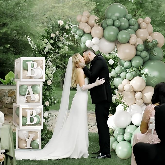 Sage Green White Balloon Baby Shower Decorations, 132Pcs Sage Green Balloon Arch Garland Kit Baby Box with Letters for Boy Girl Boho Baby Shower Gender Reveal Birthday Party Decorations