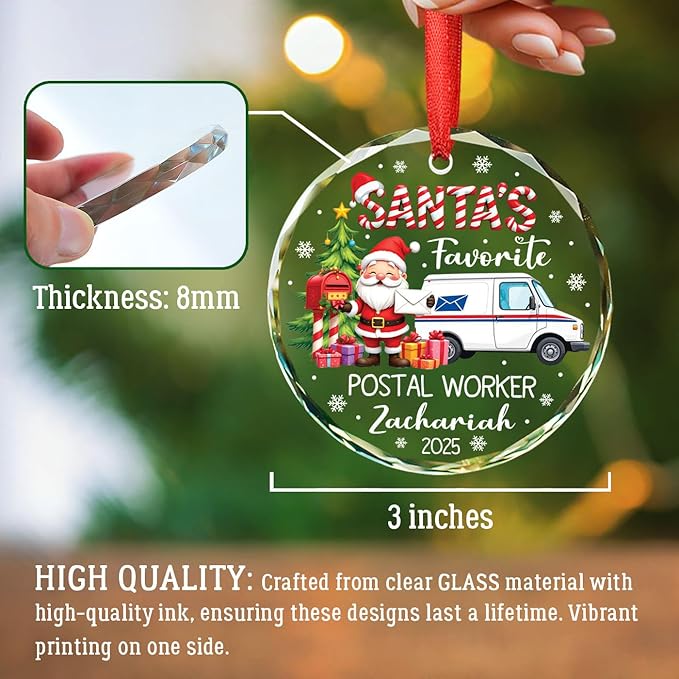 Santa's Favorite Postal Worker Christmas Glass Ornament 2025, Gifts for Mail Carrier Service, Custom Name & Year for Xmas Tree Decor, Personalized Merry Christmas Postal Worker Ornament Gift Ideas