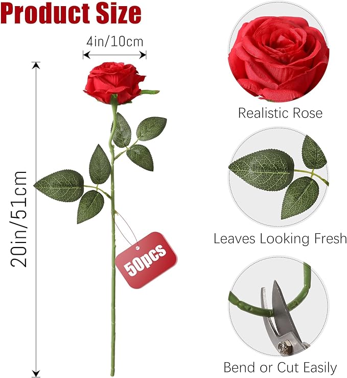 Tifuly 50pcs Red Roses in Bulk, Realistic Long Stem Fake Silk Roses Bouquet for Wedding Centerpiece Table Party Home Kitchen Decor