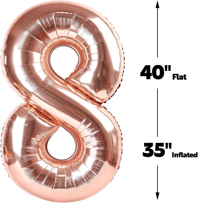 Helium Foil Rose Gold Number 8 Balloon 40 Inch, Mylar Eight Numbers 8 18 28 38 48 58 80 88 Birthday Balloons, Rose Gold Women Men Anniversary Graduations Party Supplies