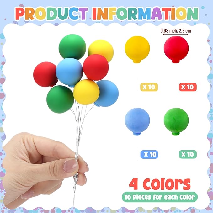 Sieral 40 Pcs Mini Balloon Cake Toppers Colorful Rainbow Cake Topper Round Clay Balls Cupcake Toppers for Birthday Baby Shower Wedding Party Decorations (Classic Color,Clay)