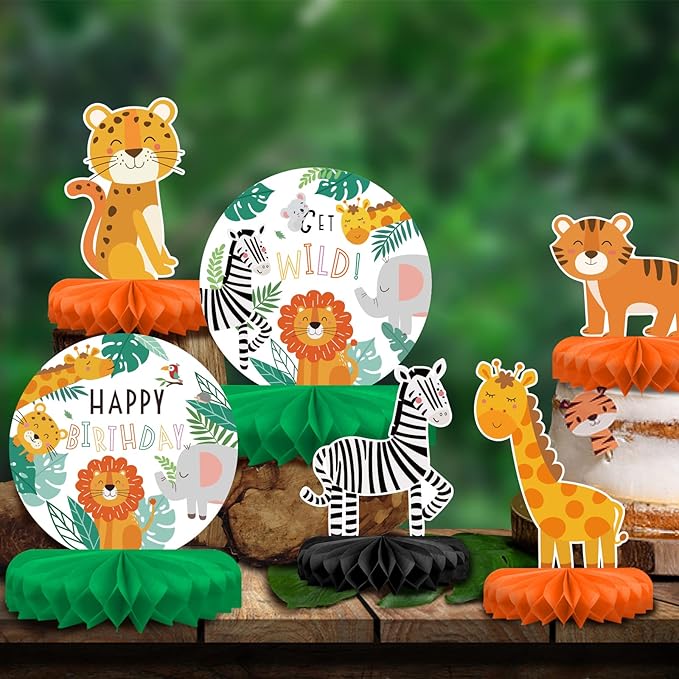 Safari Birthday Decorations Table Centerpiece - Jungle Animals Theme Party Supplies, Honeycomb Table Toppers for Animal Jungle Theme Party Decorations