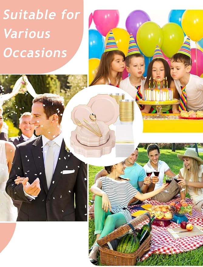 WDF 175Pcs Pink Plastic Plates - Pink and Gold Plates Disposable 25guest Plastic Dinnerware Ideal for Tea Party/Bridal Shower/Wedding/Baby Shower/Fall Pumpkin Baby Shower