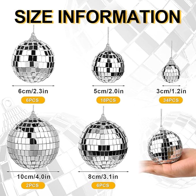 66 PCS Mirror Disco Ball for Party, 3.94/3.15/2.36/2/1.18 Inches Silver Hanging Reflective Glass Disco Ball for Christmas Tree Ornament Holiday Party Home Decorations