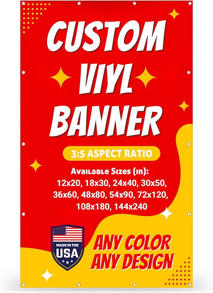 Custom Vinyl Banner with 150+ Sizes – Personalized Outdoor or Indoor Sign – Any Color & Design – Made in USA – Party, Business, Event Use
