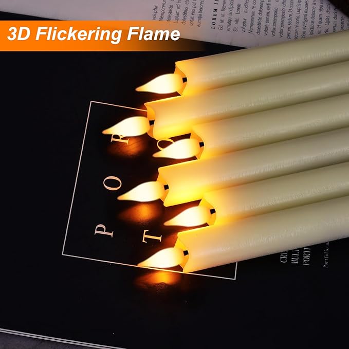 Homemory 12 Pcs Waxy Flameless Taper Candles with Remote, Flickering Battery Operated Taper Candles, Led Flameless Candlesticks Classic Tall Candle for Home, Wedding, Party, Ivory, 9.6 inches
