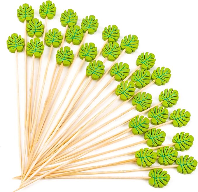 PuTwo Picks 100 Counts 4.7" Bamboo Wooden Decorative Sticks for Appetizers Fancy Cocktail Party-Green Leaf Toothpicks, Palm Leaves