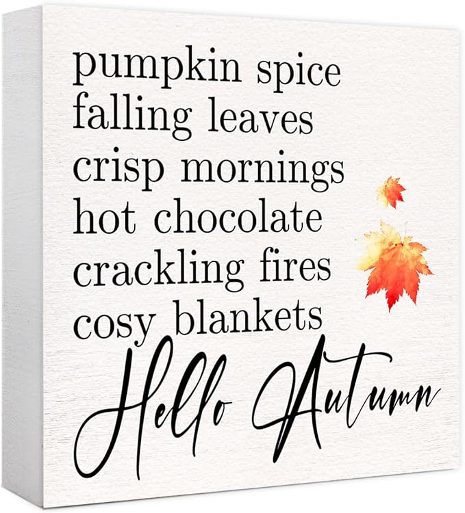 Funny Autumn Wood Box Sign Hello Autumn Wooden Block Desk Decor for Home Office Kitchen Cubicle Table Shelf Tabletop,Farmhouse Fall Sign Decor