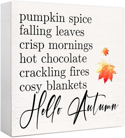 Funny Autumn Wood Box Sign Hello Autumn Wooden Block Desk Decor for Home Office Kitchen Cubicle Table Shelf Tabletop,Farmhouse Fall Sign Decor