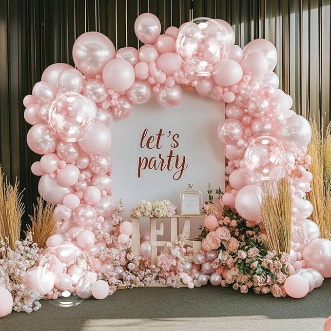 Pearl Pink Balloon Arch Double Stuffed Pastel Light Baby Pink Balloon Garland Different Sizes 12/10/5in With Clear Bobo Balloons for Birthday Wedding Bridal Baby Shower Engagement Party Decor