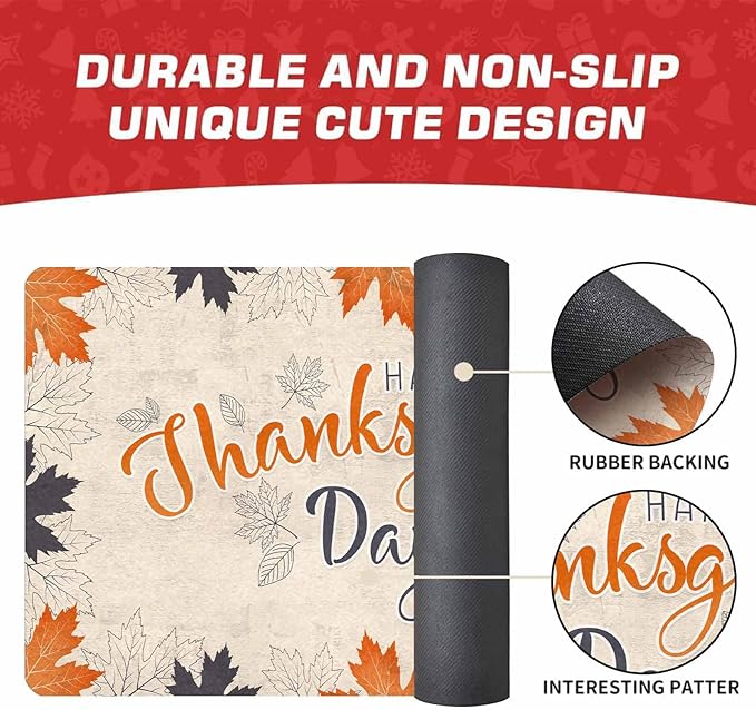 InterestPrint Happy Thanksgiving Day Door Mat Outdoor for Front Door, Fall Maple Leafs Welcome Doormat Non-Slip Washable Autumn Leaves Doormat Entrance Rug for Indoor Outdoor