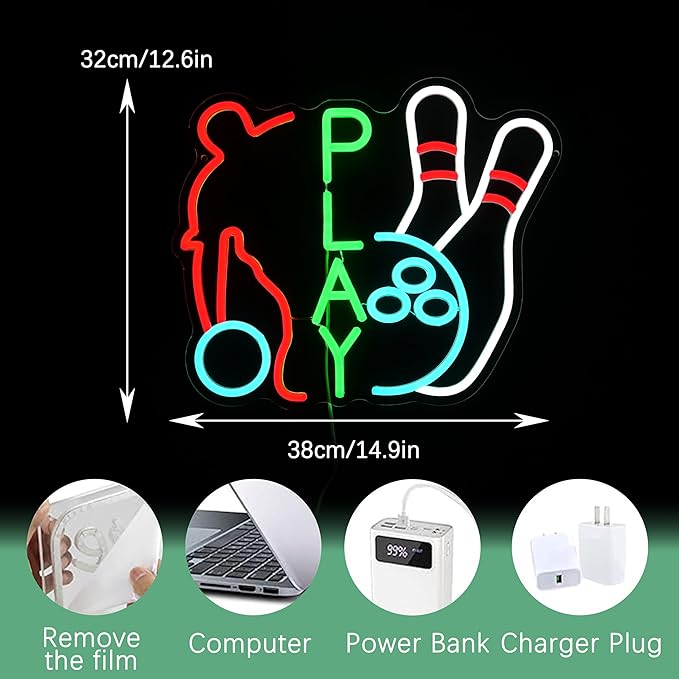 Play Sports Neon Sign for Wall Decor Basketball Neon Light Dimmable Bowling Ball Led Light Up Sign Sports-themed Led Light Sign for Boys Bedroom Gym Stadiums Man Cave Party (16.5 * 12.6 In)