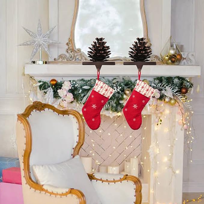 JUSTOTRY 3D Pine Cones Christmas Stocking Holders for Mantle Set of 2 with Non-Skid Brown Stocking Hangers for Fireplace Home Decor Holiday Gifts Xmas Decorations Supplies