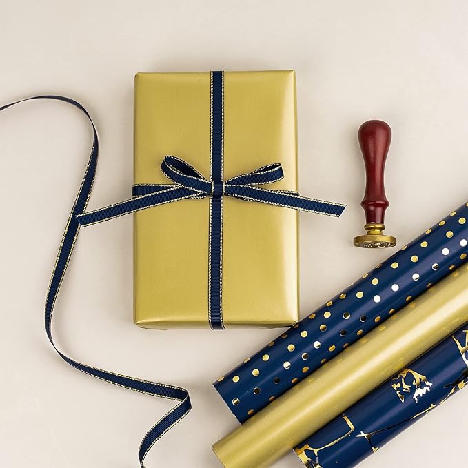 MAYPLUSS Wrapping Paper Roll - Navy Blue and Gold Wrapping Paper - 17" x 120" Per roll - Navy Gold Polka Dot Gold Foil for Birthday,Wedding,Baby Shower,Men(3 Rolls 42.3 sqft)