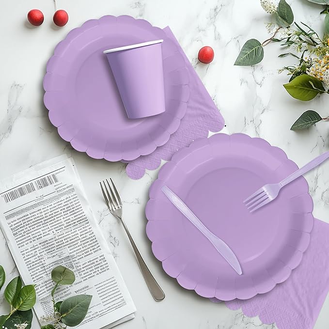 Purple Party Decorations Supplies Tableware, Light Purple Plates And Napkins, Tablecloth Printed Table Runner, Cutlery, for Birthday Baby Bridal Shower Wedding Anniversary, Serves 24