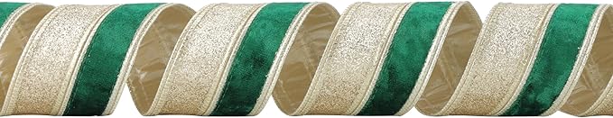 Dark Green Velvet Wired Christmas Ribbon 2.5 Inch Green and Gold Glitter Holiday Ribbon – 10-Yards Roll for Tree Decorations, Gift Wrapping, Wreaths, and DIY Crafts