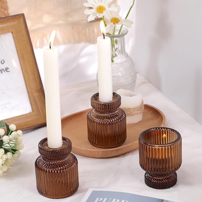 DARJEN 6 Pcs Amber Candlestick Holders - Glass Taper Candle Holders Tealight Votive Candle Holders for Table Centerpieces, Wedding, Dinner Party, Home, Gifts