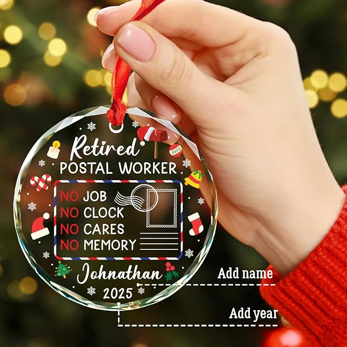 Personalized Retired Postal Worker Christmas Ornaments, Mail Carrier Retirement Glass Ornament Xmas 2025, First Christmas Retired Ornament Gifts for Mailman Postman, Custom Name Year Ornaments