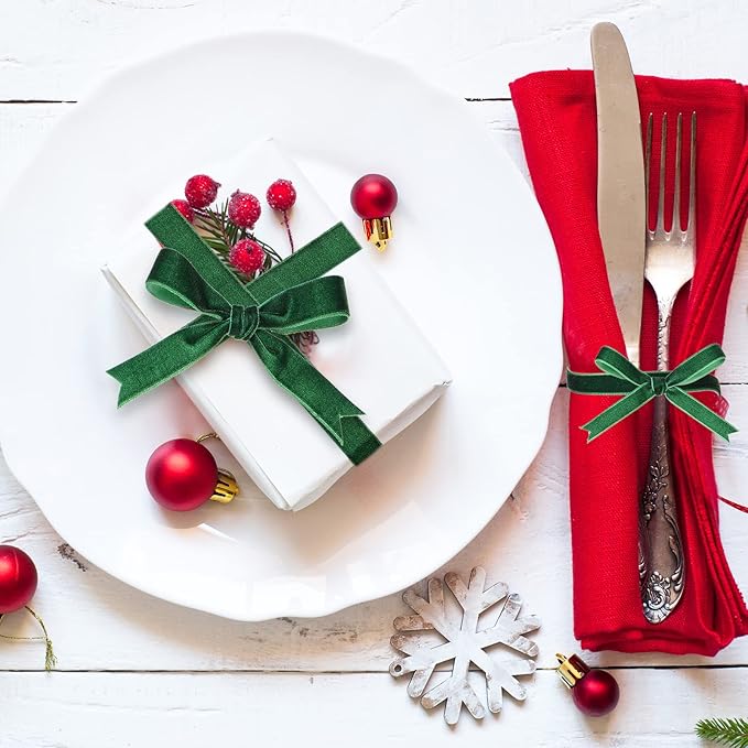 Yilloog 3/8'' 5/8'' 1'' 90 Yards Christmas Velvet Ribbon Vintage Satin Fabric Velvet Ribbon Roll for Christmas Tree Ornaments Decoration Gift Wrapping Bow DIY Crafts (Green)