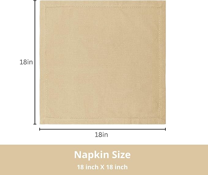 PurpleEssences Set of 6 Hemstitch Cloth Dinner Napkins 100% Cotton - Soft Durable Washable - Ideal for Wedding Christmas Holiday Winter - Perfect Everyday Use Table Linen 18x18 - Beige