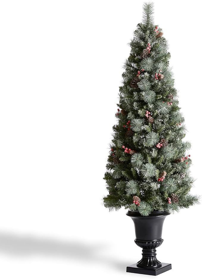 Glitzhome 6 FT Pre-Lit Artificial Christmas Tree, Lighted Entrance Tree Frosted Pine Cones and Berries Christmas Porch Tree with 200 Warm White Lights for Front Door Porch Entryway Holiday Home Decor