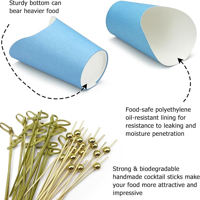 CAMKYDE 50 Charcuterie Cups + 200 Cocktail Picks + 56 Labels, 12 oz Disposable Charcuterie Cups with Sticks (2 Types), French Fry Cup Blue Paper Appetizer Cup for all Occasions (Blue)