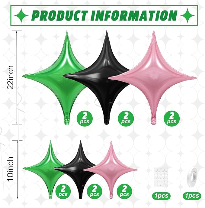Black Pink Green Balloons,12Pcs Four Angle Star Foil Balloons,26Inch and 10Inch Black Green Pink Quadrangle Star Helium Balloon for Witch Halloween Birthday Anniversary Party Decorations