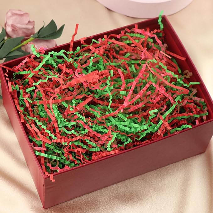 Uptotop 1/2LB Crinkle Cut Paper Shred Filler for Gift Wrapping Basket Filling, Birthday, Christmas, Thanksgiving, Wedding, Mother's Day, Red and Green (8 oz)