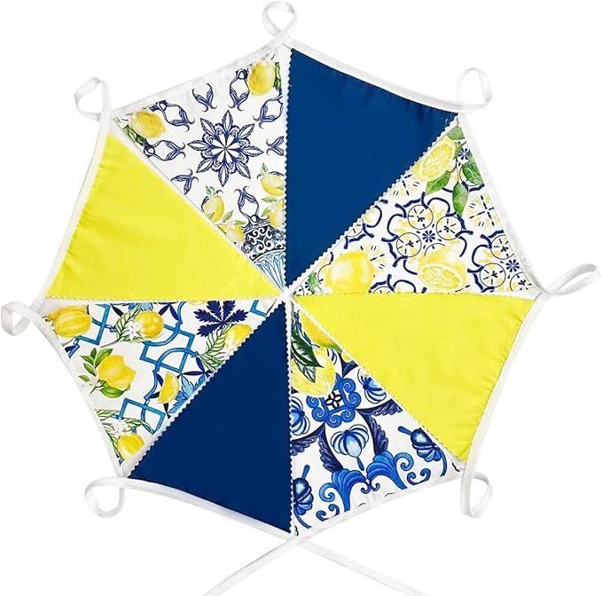 32Ft Capri Lemon Party Decorations Blue Tiles Yellow Lemon Fabric Pennant Banner Triangle Flag Garland Streamer for Amalfi Coast Capri Yellow Blue Tiles Mediterranean Birthday Baby Shower Supplies