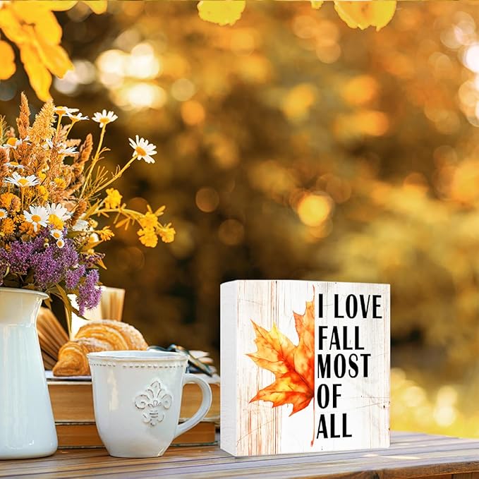 Funny Autumn Maple Leaves Wood Box Sign I Love Fall Most Of All Wooden Block Desk Decor for Home Office Kitchen Cubicle Table Shelf Tabletop,Farmhouse Fall Sign Decor