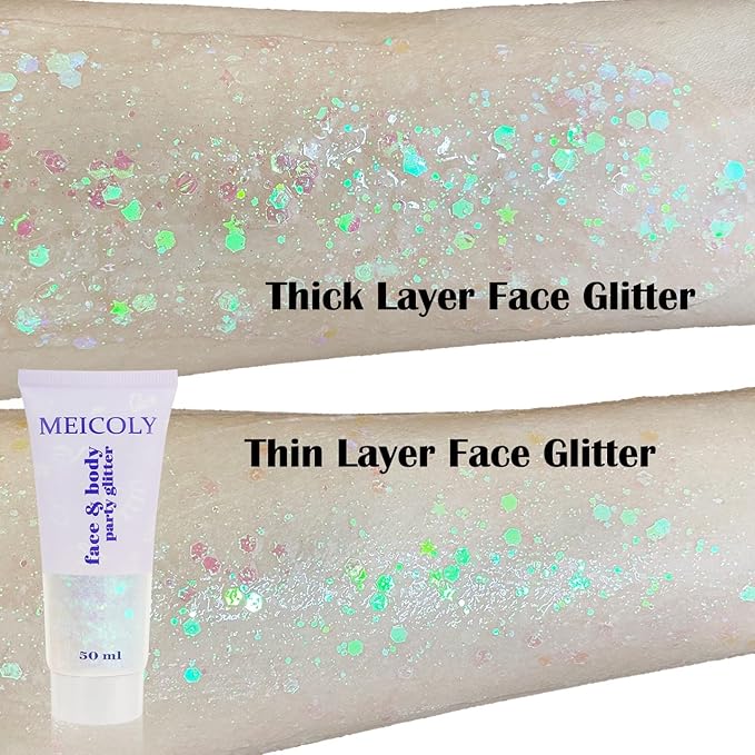 MEICOLY Clear White Body Glitter,Singer Concerts Music Festival Rave Accessories,Mermaid Face Glitter Gel,Sequins Glitter Face Paint,Chunky Hair Sparkling Halloween Glitter Gel for Women,50ml