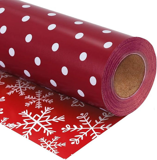 LaRibbons Reversible Christmas Wrapping Paper Roll, White Small Dots & Snow Flakes on Red Design, Classic Gift Wrap Paper for Xmas, Holiday Celebration, 17 Inch X 33 Feet
