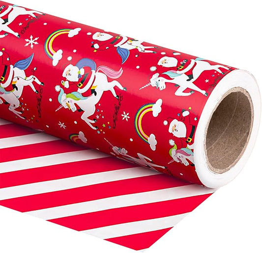 WRAPAHOLIC Reversible Unicorn Christmas Wrapping Paper - Mini Roll - 17 Inch x 33 Feet - Red Santa Claus, Unicorn Wrapping Paper and Stripe Design for Holiday, Party Celebration