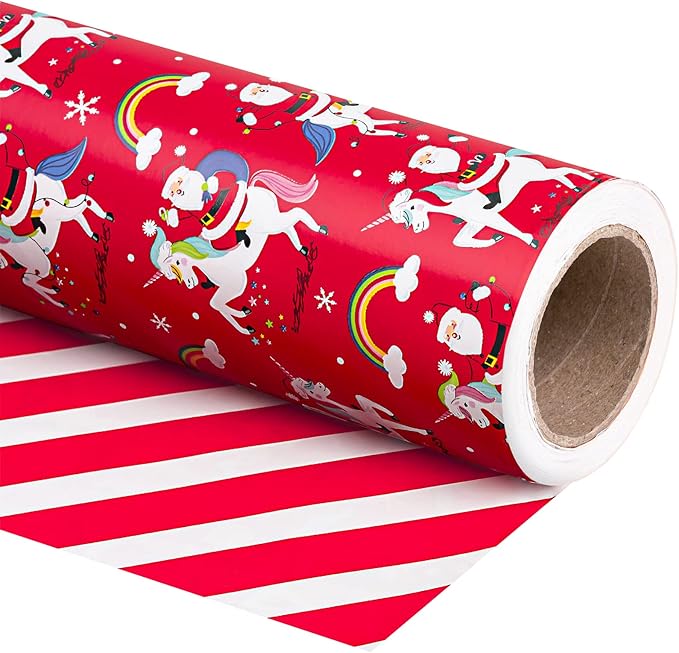 WRAPAHOLIC 30 Inch Jumbo Reversible Unicorn Christmas Wrapping Paper - 30 Inch x 33 Feet - Red Santa Claus, Unicorn Wrapping Paper and Stripe Design for Holiday, Party Celebration