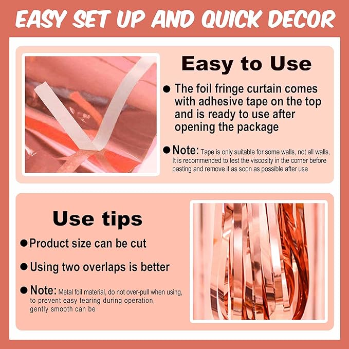 6 Pack Rose Gold Foil Fringe Curtains Backdrop, 3.28 x 9.8 Ft Metallic Streamers Tinsel Curtains Background for Photo Booth, Birthday, Halloween, Christmas, Thanksgiving, New Year Party Decorations