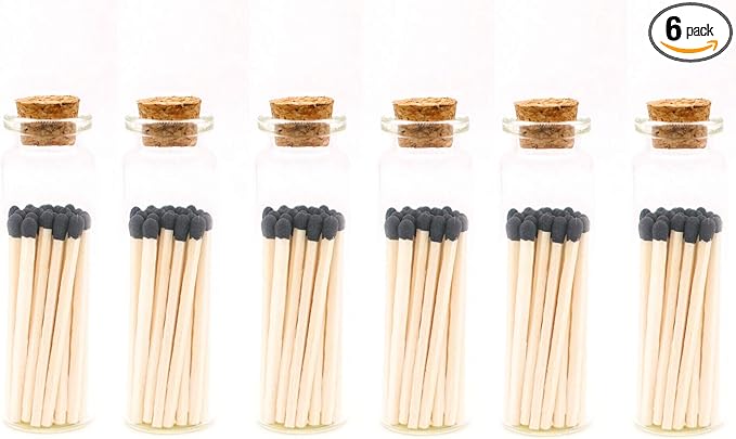 River Birch Decorative Matches in a Bottle with Striker - Cute & Colored Matches - 6 Bottles, Black Tip, 120 Matches