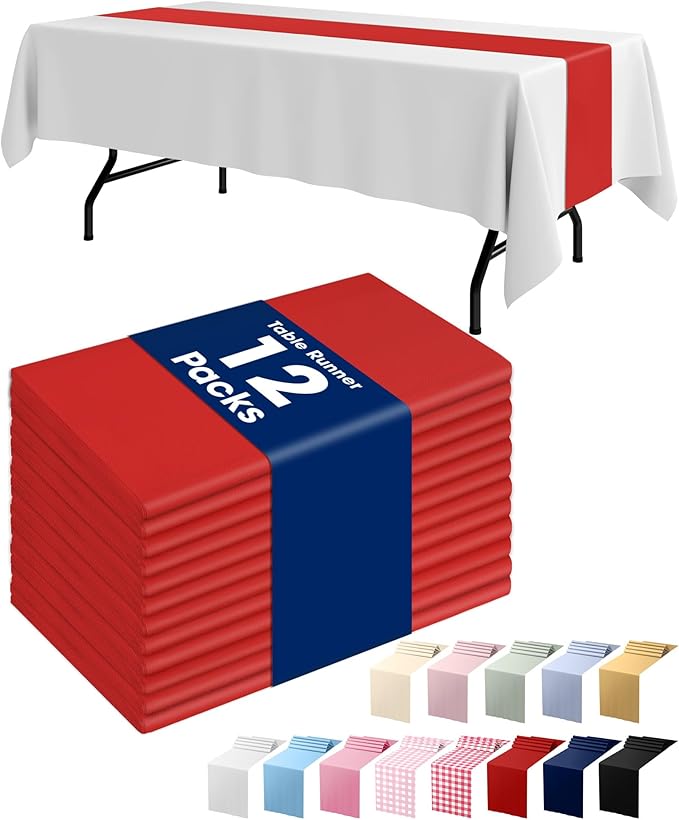 Pureegg Red Plastic Table Runners - 12 Pack, 14'' x 108'', Water Resistant & Disposable Centerpiece Decorations for Table Cloth, Wedding, Birthday, Holiday, Baby Shower, Party, Home Decor