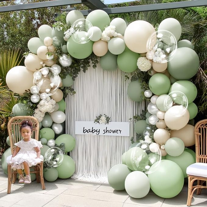 Dusty Green White Balloon Arch Double Stuffed Light Sage Green White Sand Pearl Balloon Garland Kit Olive Beige Cream Balloons for Baby Shower Birthday Bridal Wedding Woodland Wild One Party Decor