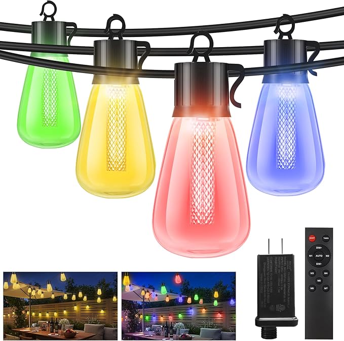 litogo 60FT Color Changing Outdoor String Lights with Remote - Dimmable LED RGB Patio Lights for Outside with Shatterproof Waterproof Edison Bulbs for Yard Gazebo Party Wedding Holiday