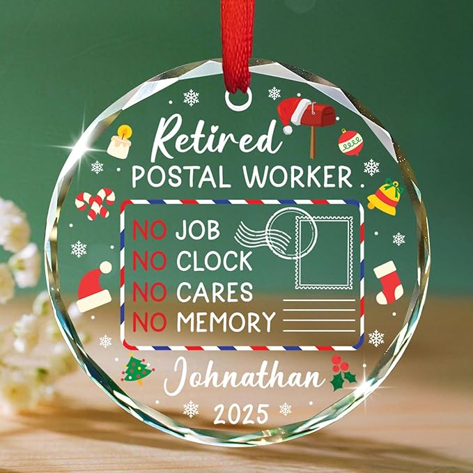 Personalized Retired Postal Worker Christmas Ornaments, Mail Carrier Retirement Glass Ornament Xmas 2025, First Christmas Retired Ornament Gifts for Mailman Postman, Custom Name Year Ornaments